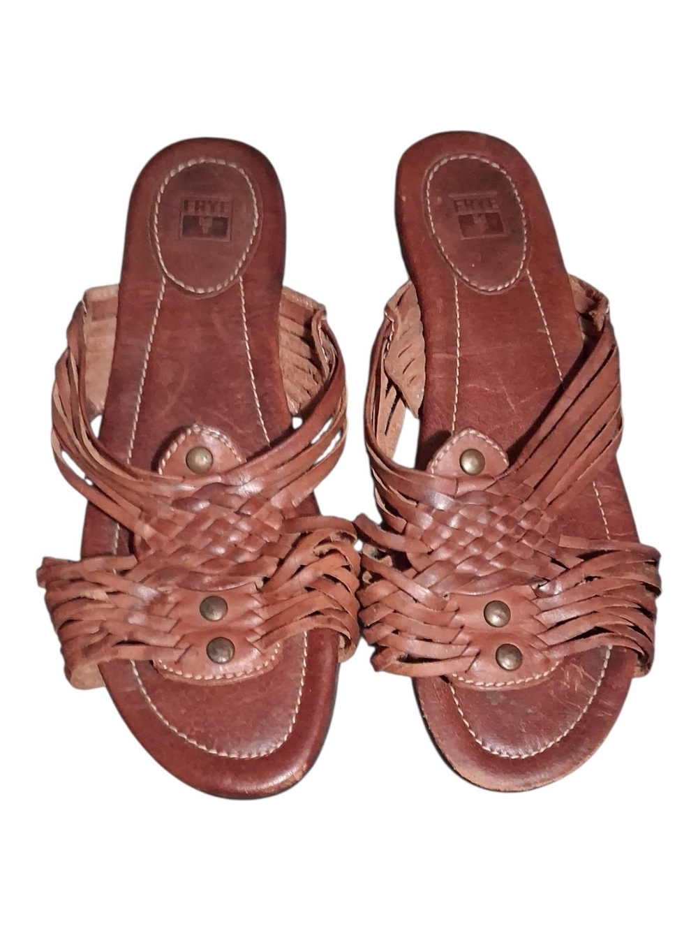 Frye Woven Leather Slide Mules in Chestnut Brown